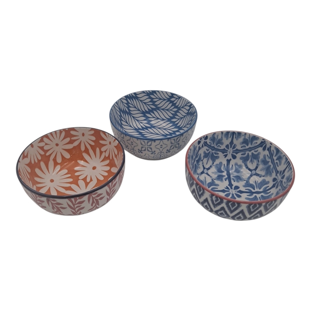 3 Piece Patterned Ceramic Bowls Set - Blue, Orange And White Colorful